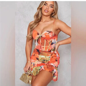 Prettylittlething Orange floral print frill hem bodycon dress